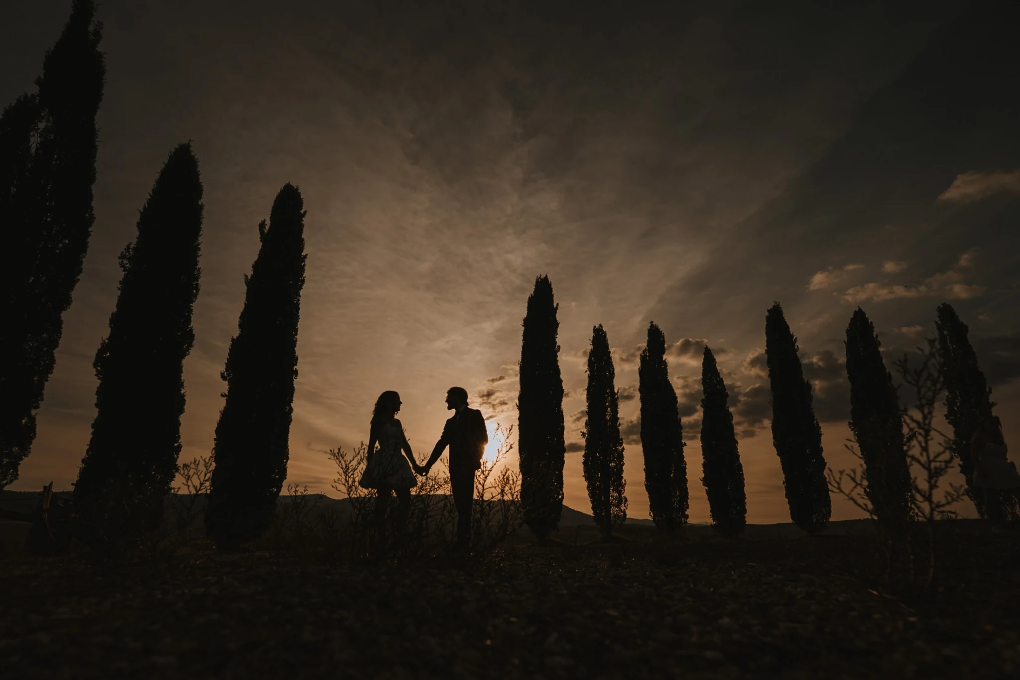 Le sagome degli sposi e i cipressi nel cielo della sera